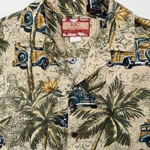 RJC Hawaiian Shirt Mens L Tan Woody Car Palm Tree Print Cotton Aloha 102C USA